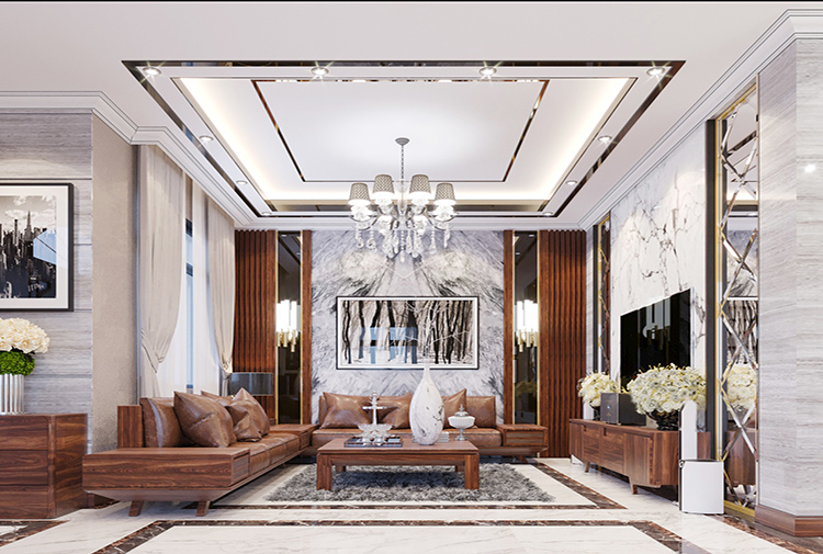 Trần thạch cao giật cấp phong cách hiện đại biệt thự KĐT Vinhomes Star City NT21045 – phòng khách nhìn từ trên cao
