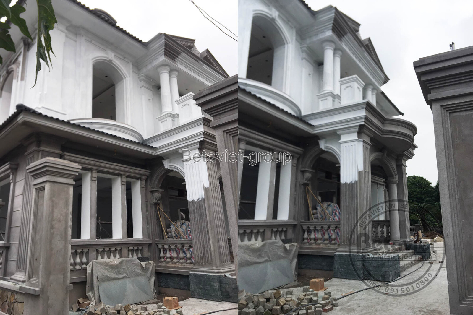 Công trình biệt thự đang trong giai đoạn thi công phần thô, nhìn từ góc thấp lên, cho thấy kết cấu bê tông cốt thép vững c…