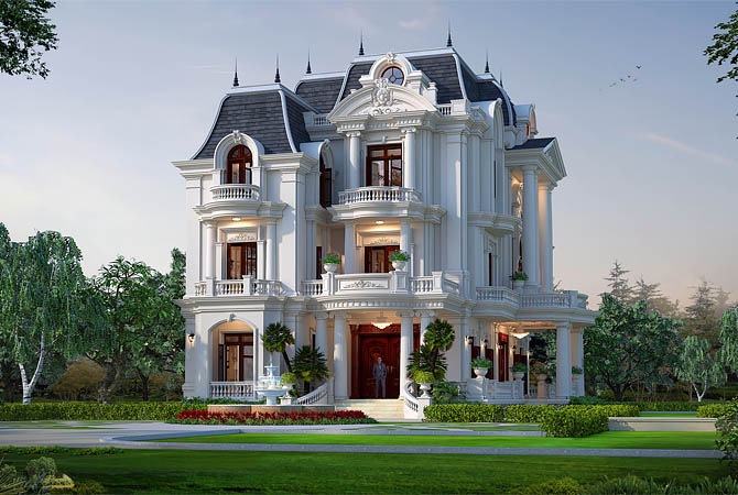 Biệt thự tân cổ điển 3 tầng tại Thanh Hóa KT20068 – phối cảnh mặt tiền góc thấp
