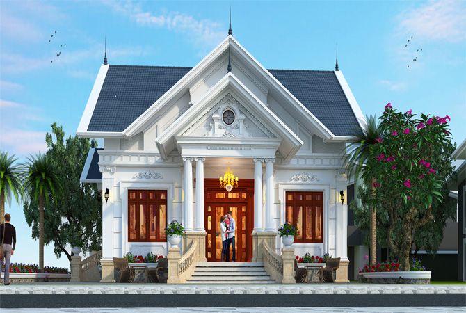 Biệt thự quy mô nhỏ 1 tầng tân cổ điển kiểu Pháp tại Ninh Bình KT20193 – phối cảnh mặt tiền chính