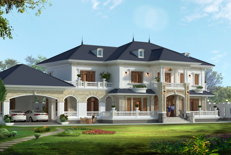 Nhà vườn 2 tầng ở nông thôn tại Quảng Ninh KT17048 - ngoại thất góc thấp sân cỏ xanh