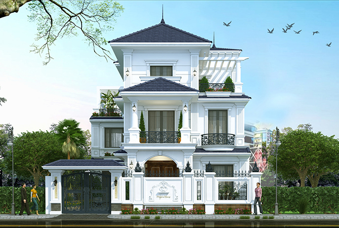 Biệt thự 3 tầng tân cổ điển mái Nhật 5 phòng ngủ tại Hà Nam KT20060 – phối cảnh mặt tiền chính