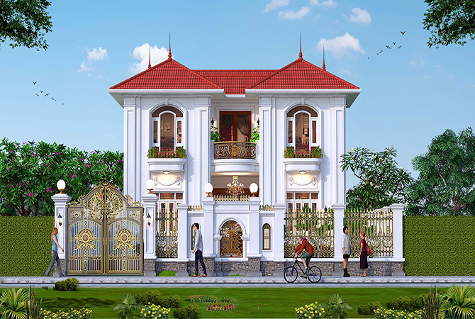 Biệt thự 2 tầng tân cổ điển mái Nhật 6 phòng ngủ tại Hải Phòng KT19178 – phối cảnh mặt tiền chính