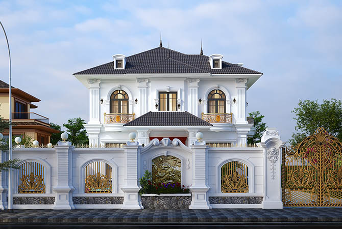 Biệt thự 2 tầng tân cổ điển mái Nhật tại Ninh Thuận KT22121 – phối cảnh mặt tiền chính