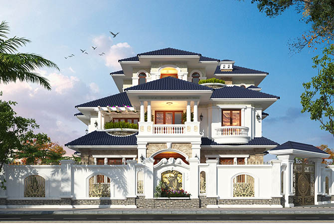 Biệt thự 3 tầng mái Nhật tân cổ điển tại Thái Nguyên KT21107 – phối cảnh mặt tiền góc chếch