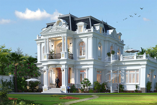 Biệt thự 2 tầng tân cổ điển mái Mansard tại Quảng Ninh KT19055 – phối cảnh sảnh chính góc thấp