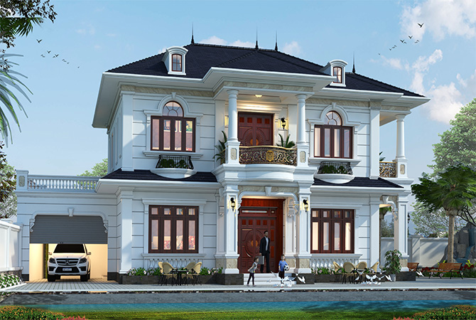 Biệt thự 2 tầng tân cổ điển tại Thái Bình KT20201 – phối cảnh mặt tiền chính diện