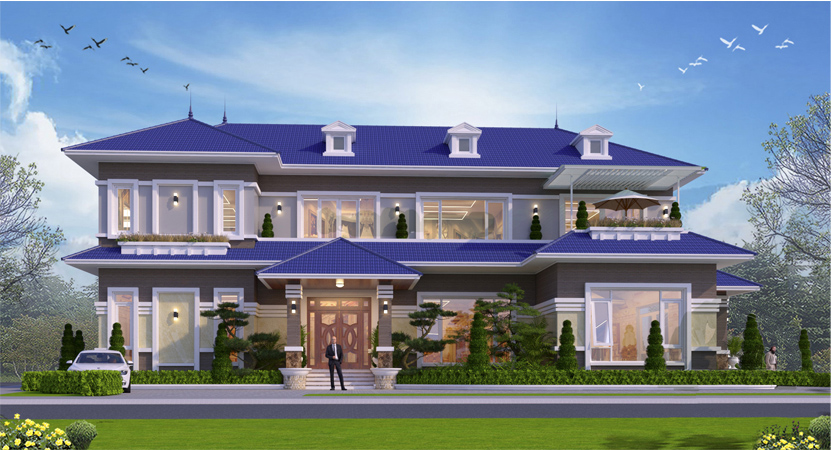 Biệt thự 2 tầng hiện đại mái Nhật tại Sơn La KT22009 – phối cảnh mặt tiền chính