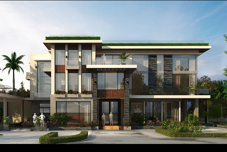 Dinh thự hiện đại Luxury 3 tầng tại Nghệ An KT21013 – phối cảnh mặt tiền, khối kiến trúc ốp đá tự nhiên và kính lớn