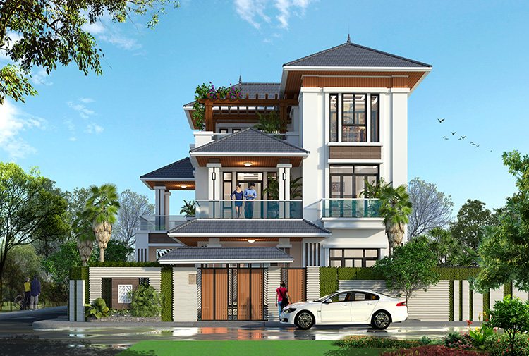 Biệt thự 3 tầng hiện đại mái Thái tại Nghệ An KT17108 – toàn cảnh mặt tiền góc thấp