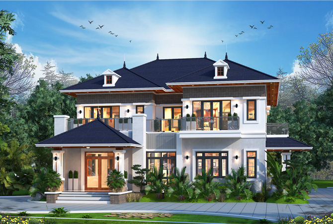 Biệt thự 2 tầng hiện đại tại Sơn La KT22042 – phối cảnh mặt tiền chính