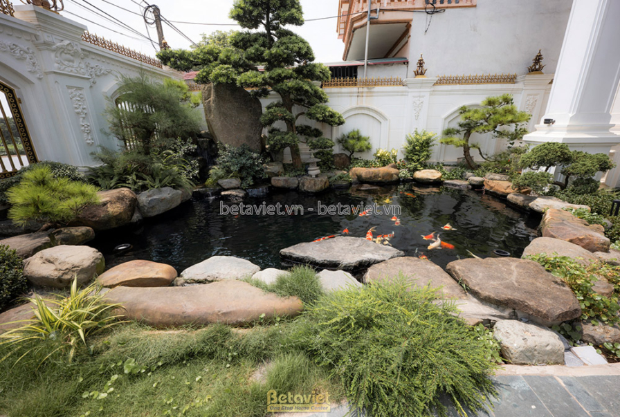 Sân vườn tiểu cảnh với lối đi lát đá tự nhiên, cây xanh được cắt tỉa gọn gàng. Tường bao quanh trang trí phào chỉ đồng bộ…