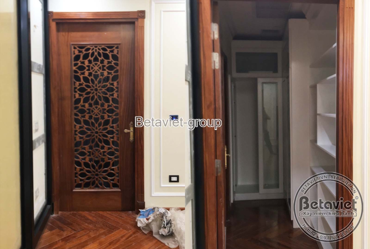 Cửa gỗ lớn với họa tiết chạm khắc tinh xảo, kết hợp vách ngăn gỗ và kính, tạo điểm nhấn cho không gian nội thất, thể hiện…
