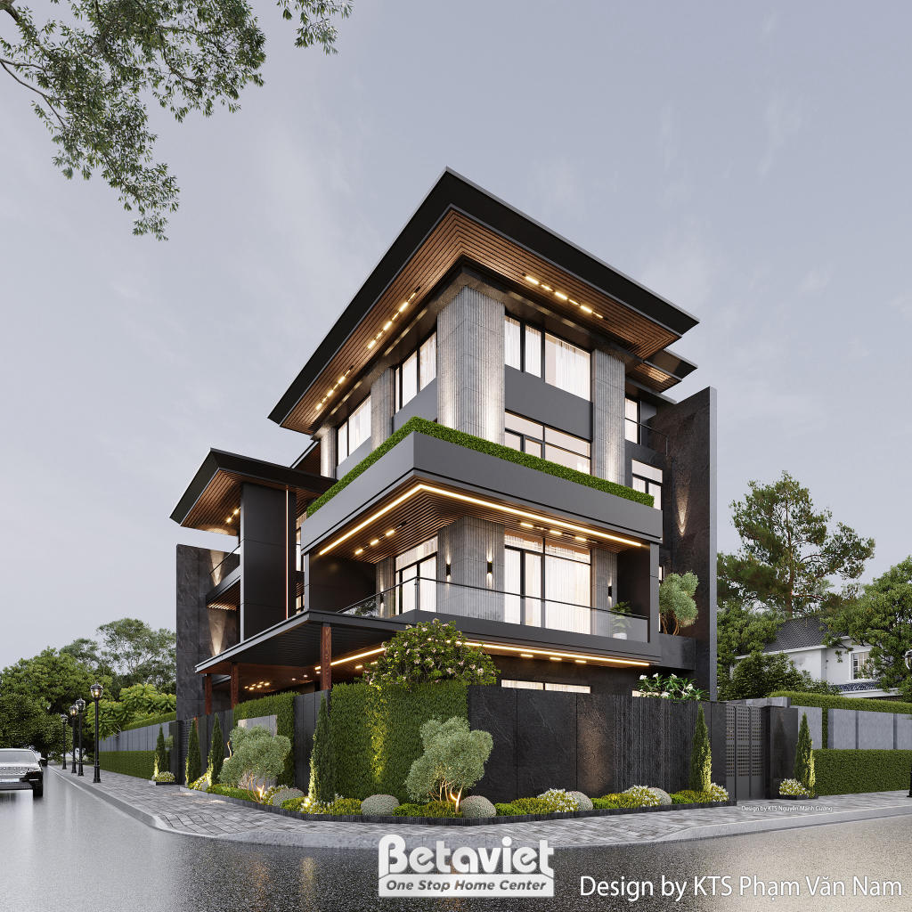 Biệt thự 3 tầng hiện đại luxury tại Hà Nội KT24608 – phối cảnh góc chếch buổi tối