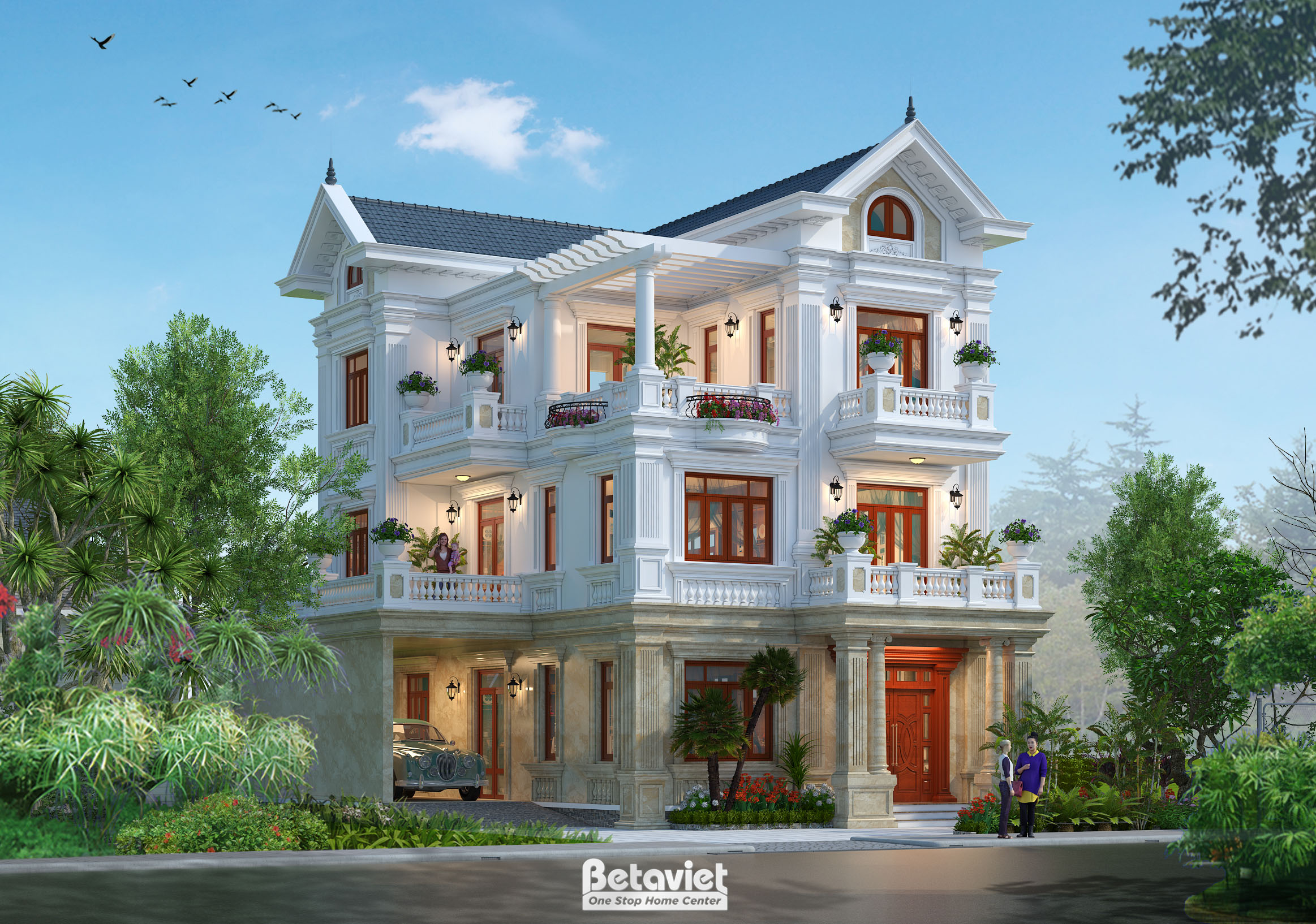 Mẫu mặt tiền biệt thự phố 3 tầng 4 phòng ngủ tân cổ điển tại Hưng Yên KT18073