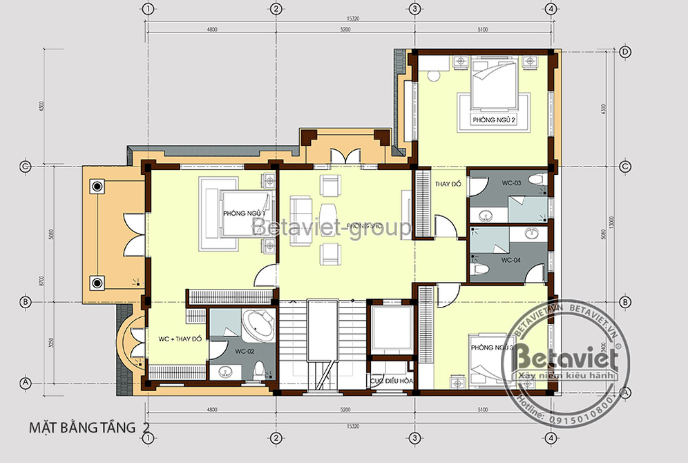 Biệt thự 3 tầng mái Nhật tân cổ điển tại Hà Nam KT20060 – bản vẽ mặt bằng tầng 2