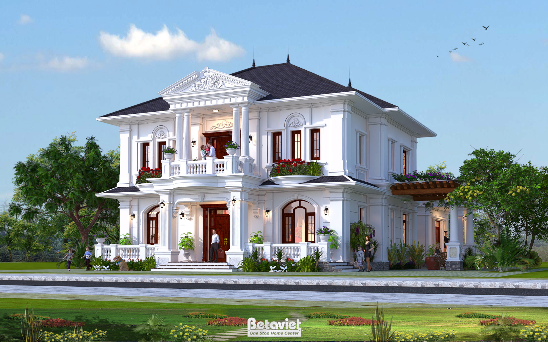 Nhà vườn 2 tầng ở nông thôn tại Hải Dương KT19065 - giàn pergola gỗ bên hông nhà