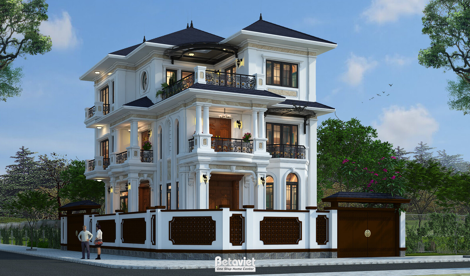 Biệt thự 3 tầng tân cổ điển KT22095 – phối cảnh mặt tiền