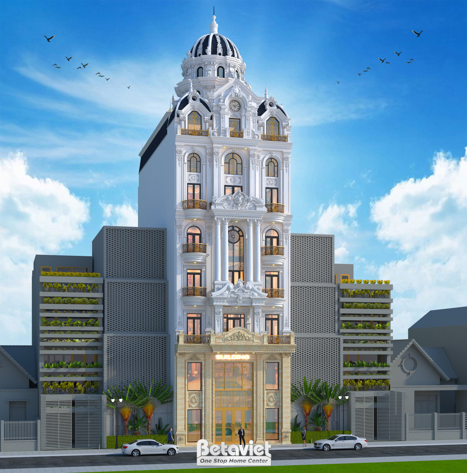 Mặt tiền chính diện tòa nhà 7 tầng phong cách tân cổ điển, với hệ thống cột trụ Corinthian chạy dọc và ban công sắt nghệ t…
