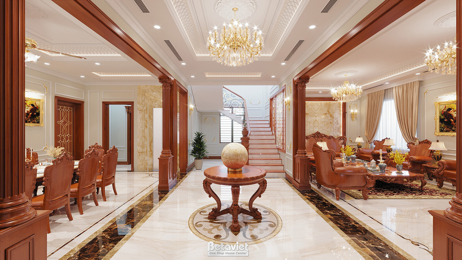 Nội thất đại sảnh biệt thự tân cổ điển NT22040 – góc nhìn tổng thể