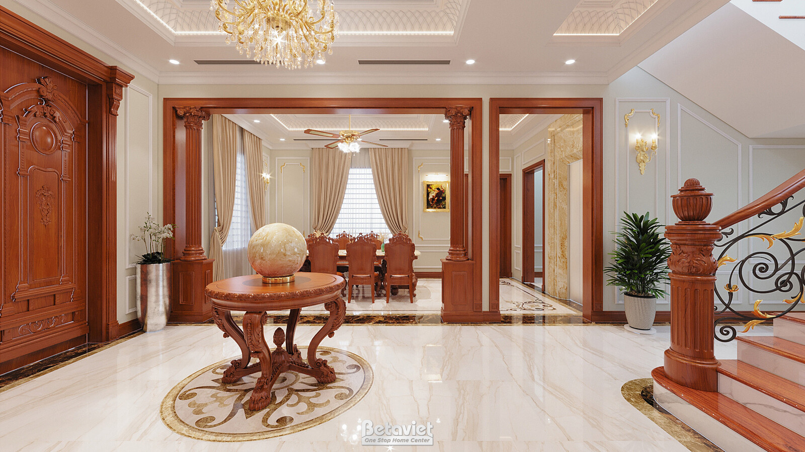 Nội thất đại sảnh biệt thự tân cổ điển NT22040 – góc nhìn 3
