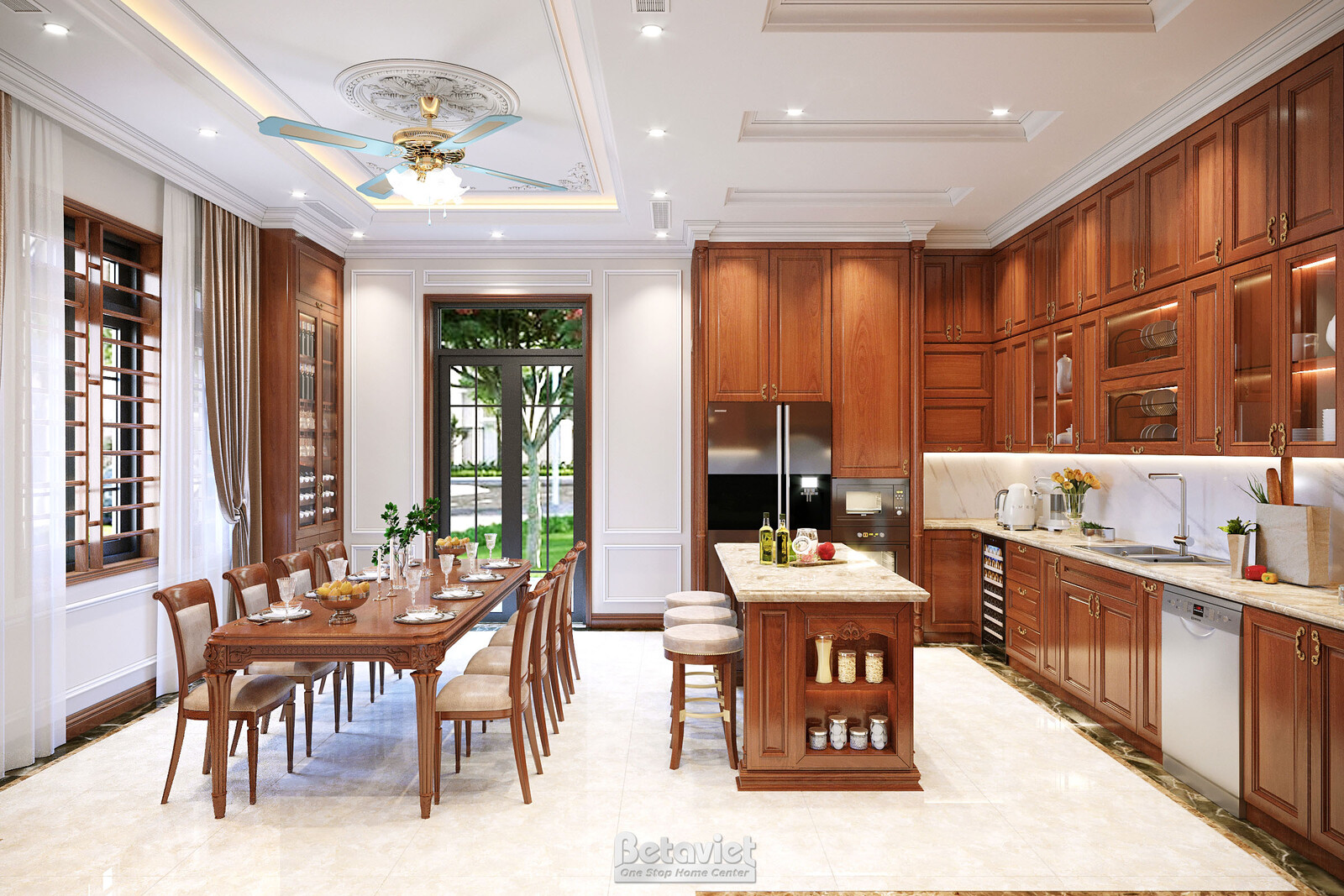 Nội thất phòng ăn biệt thự tân cổ điển KT22007 – góc nhìn tổng thể