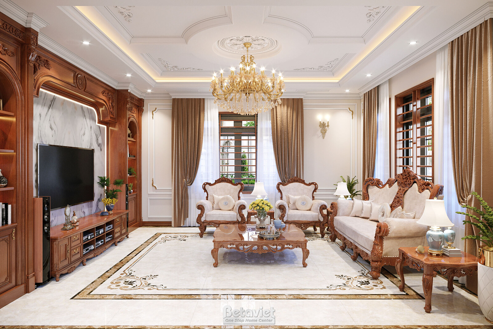 Nội thất phòng khách biệt thự tân cổ điển KT22007 – góc nhìn 2