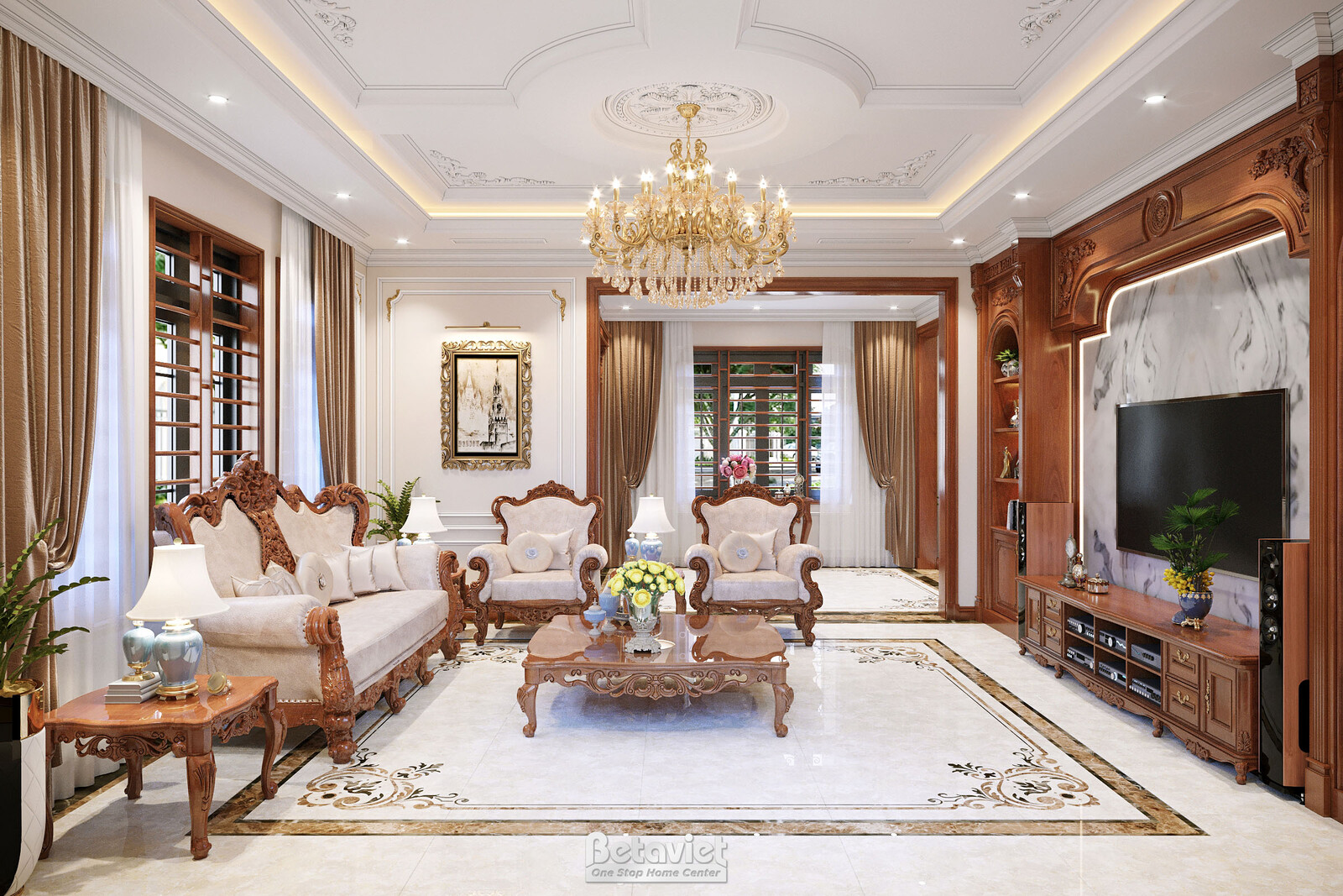 Nội thất phòng khách biệt thự tân cổ điển KT22007 – góc nhìn 3