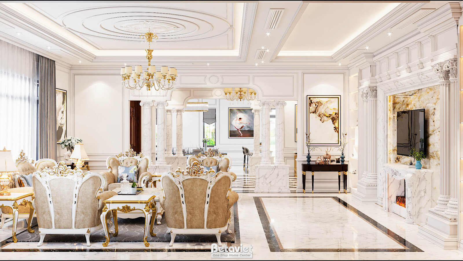 Nội thất phòng khách biệt thự tân cổ điển KT21181 – góc nhìn 2