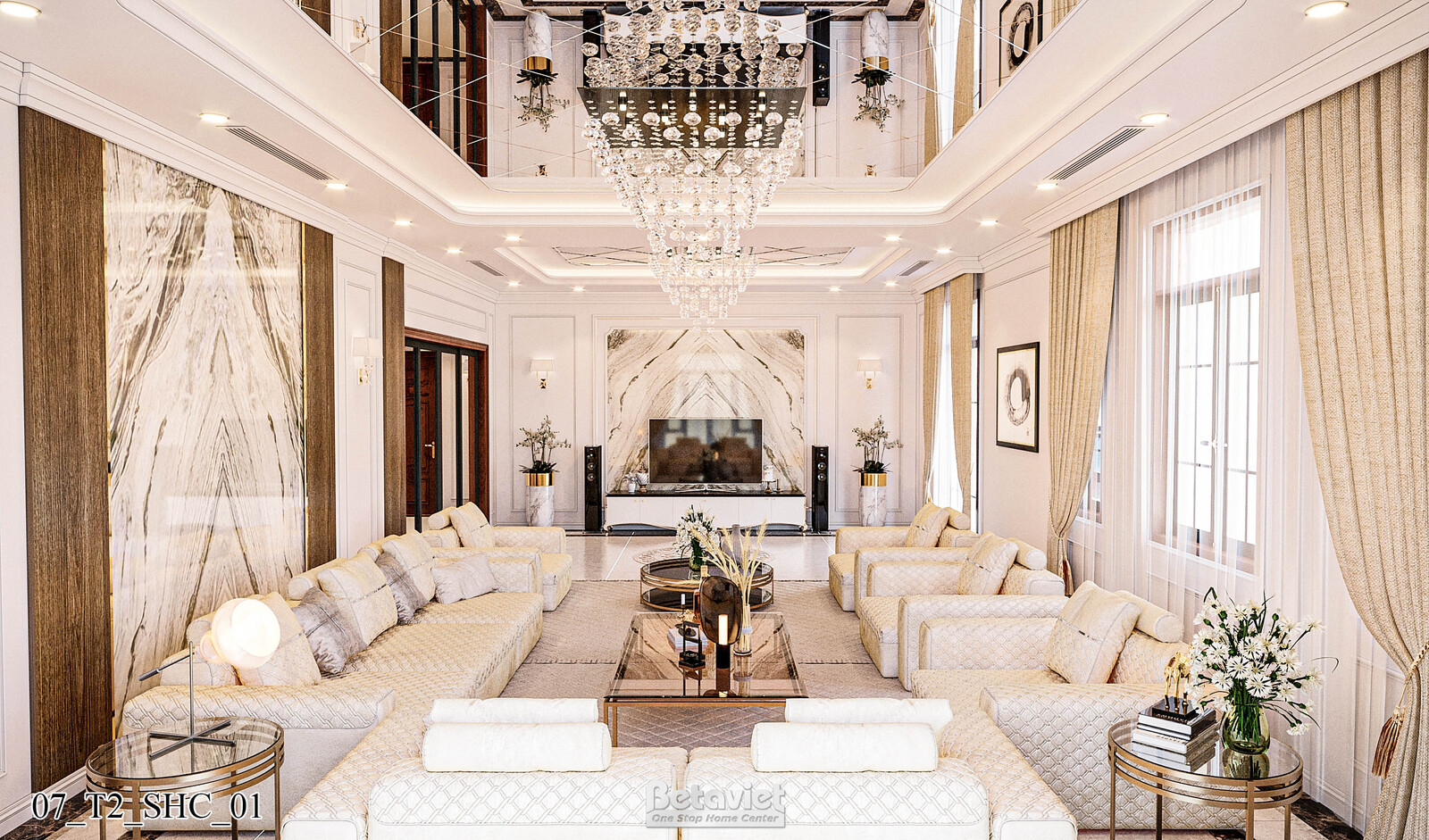 Nội thất phòng sinh hoạt chung biệt thự Art Deco KT21212 – góc nhìn tổng thể