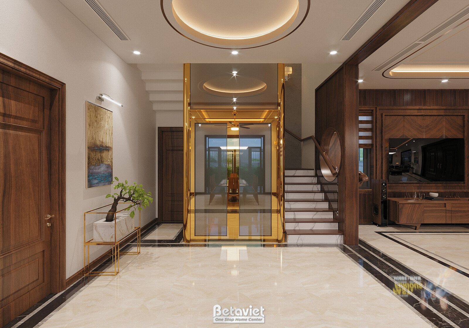 Nội thất cầu thang biệt thự hiện đại NT22140 – góc nhìn tổng thể