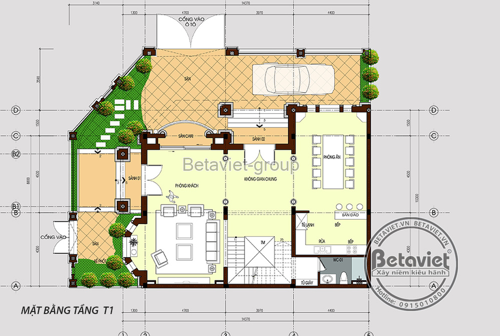 Biệt thự 3 tầng tân cổ điển tại Hà Nội KT20110 – bản vẽ mặt bằng tầng 1