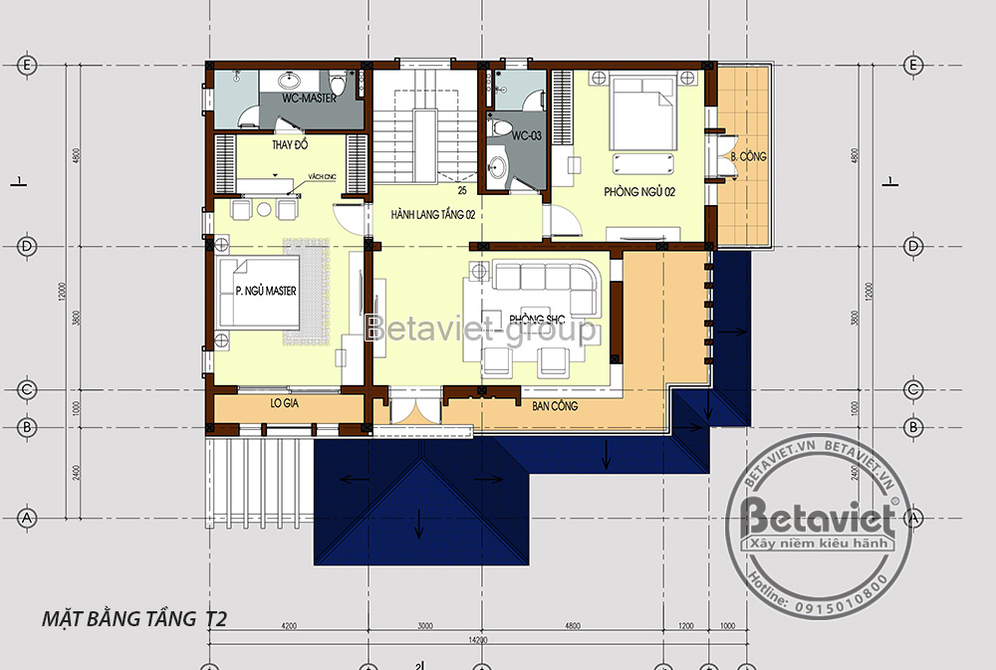 Biệt thự 2 tầng hiện đại tại Vĩnh Phúc KT20126 – bản vẽ mặt bằng tầng 2