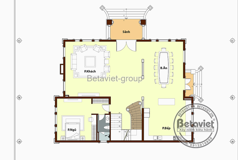 Biệt thự 3 tầng mái Nhật tân cổ điển tại Thái Nguyên KT21107 – bản vẽ mặt bằng tầng 1