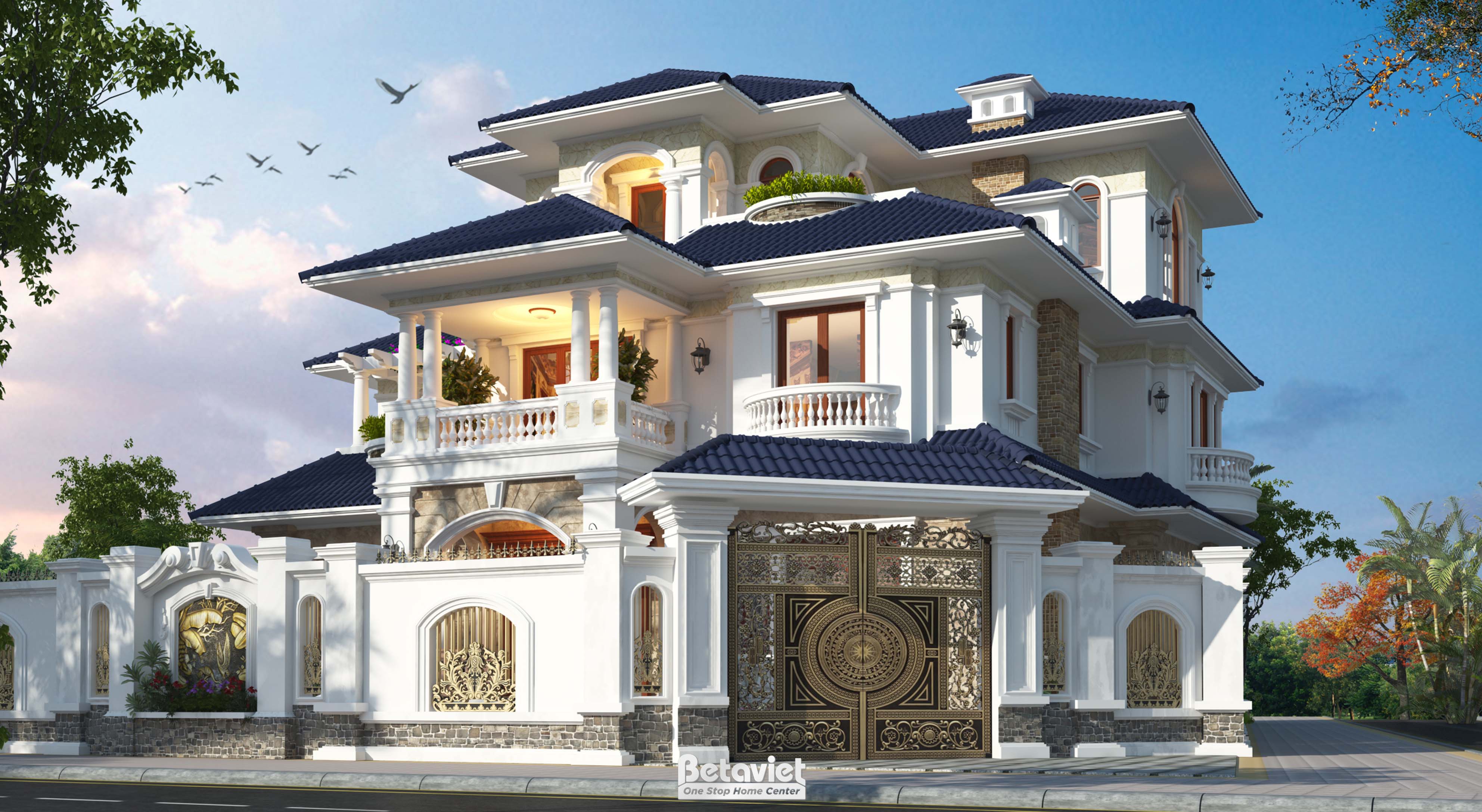Mẫu thiết kế biệt thự góc tân cổ điển 3 tầng tại Thái Nguyên KT21107