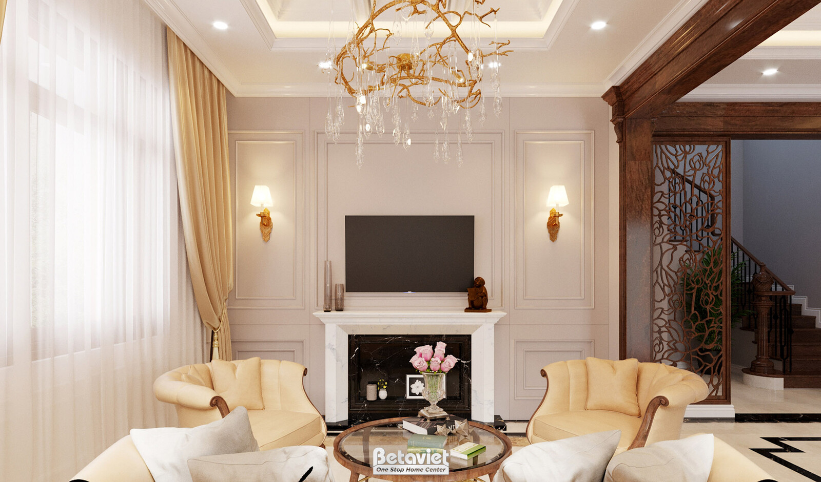 Nội thất phòng khách biệt thự Art Deco NT19029 – góc nhìn tổng thể