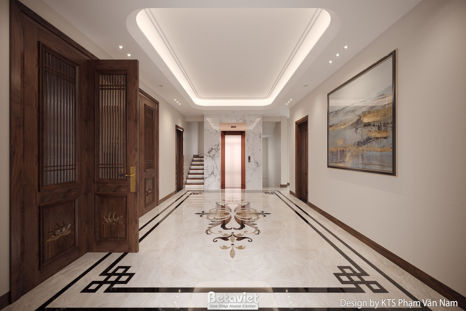 Nội thất hành lang biệt thự hiện đại gỗ NT24408 – góc nhìn tổng thể