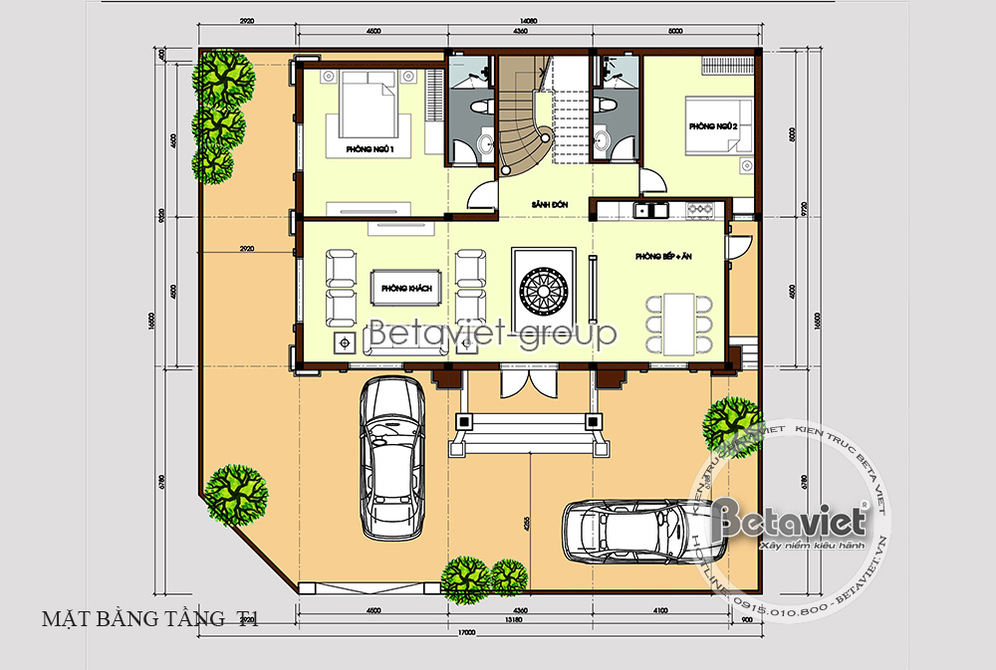 Biệt thự 2 tầng tân cổ điển mái Mansard tại Quảng Ninh KT19055 – bản vẽ mặt bằng tầng 1