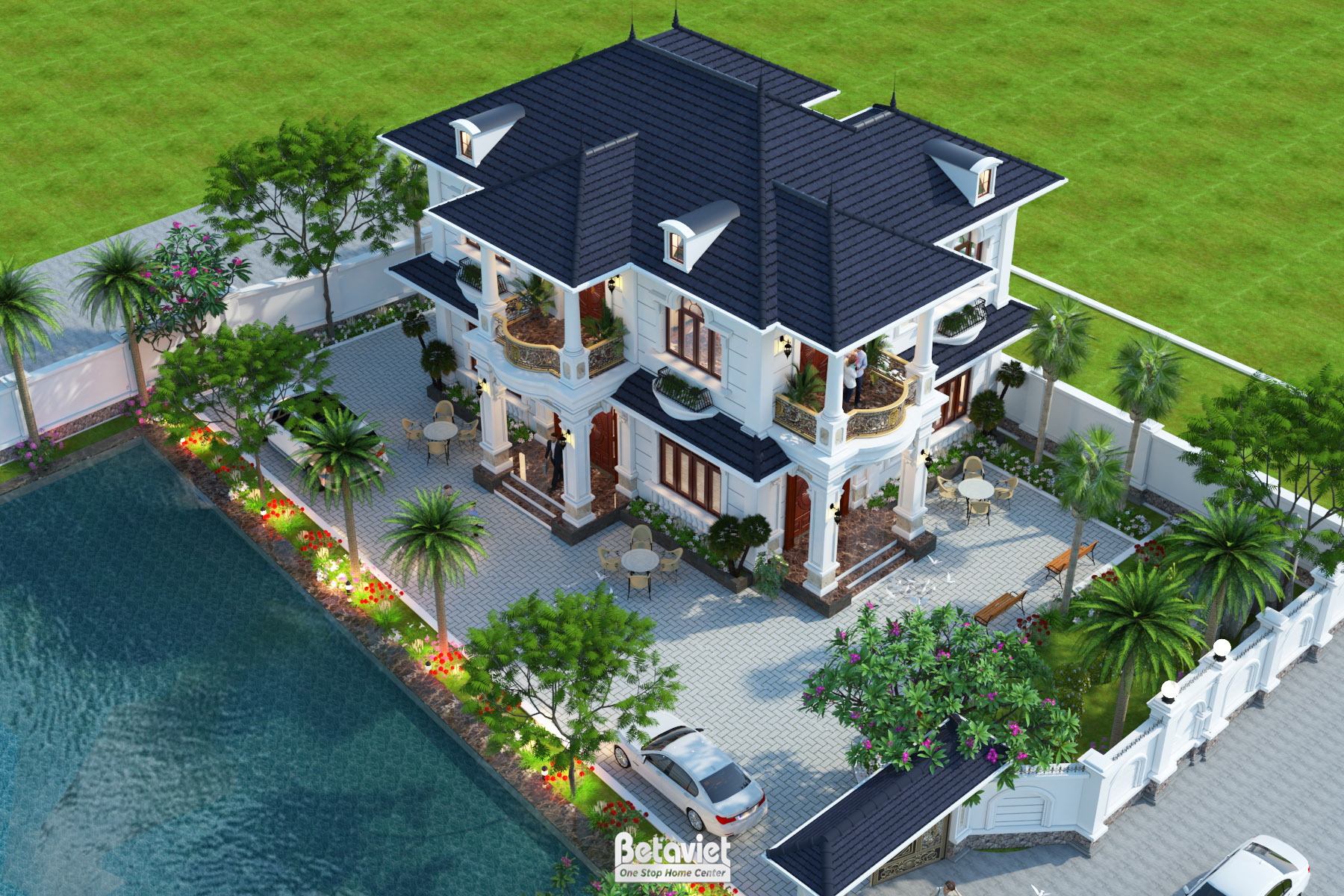 Nhà biệt thự sân vườn có hồ bơi tân cổ điển 4 phòng ngủ tại Thái Bình KT20201