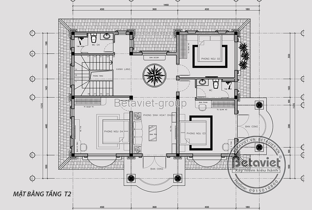 Biệt thự 2 tầng tân cổ điển tại Thái Bình KT20201 – bản vẽ mặt bằng tầng 2