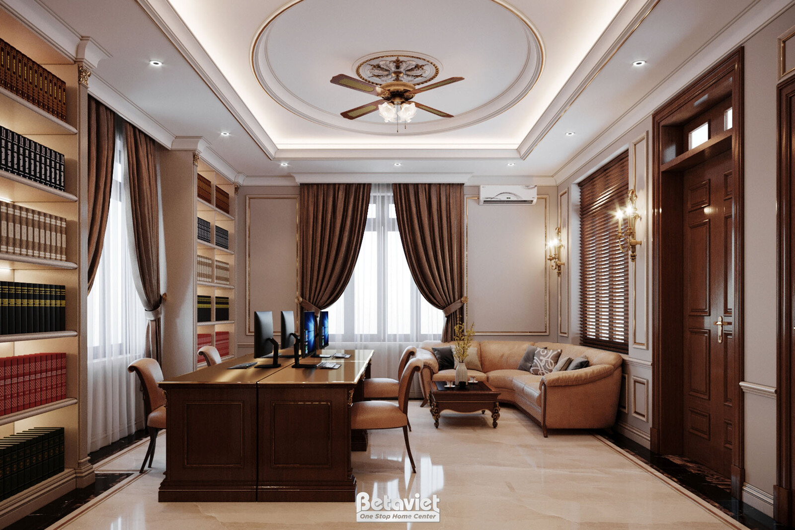 Nội thất phòng làm việc - học tập biệt thự tân cổ điển NT20001 – góc nhìn tổng thể