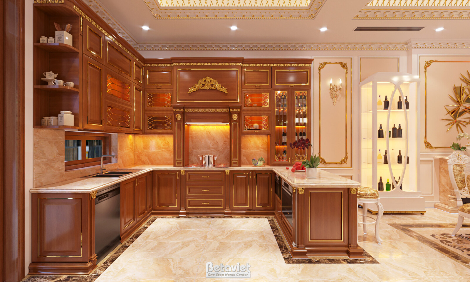 Nội thất phòng bếp biệt thự tân cổ điển NT21047 – góc nhìn tổng thể