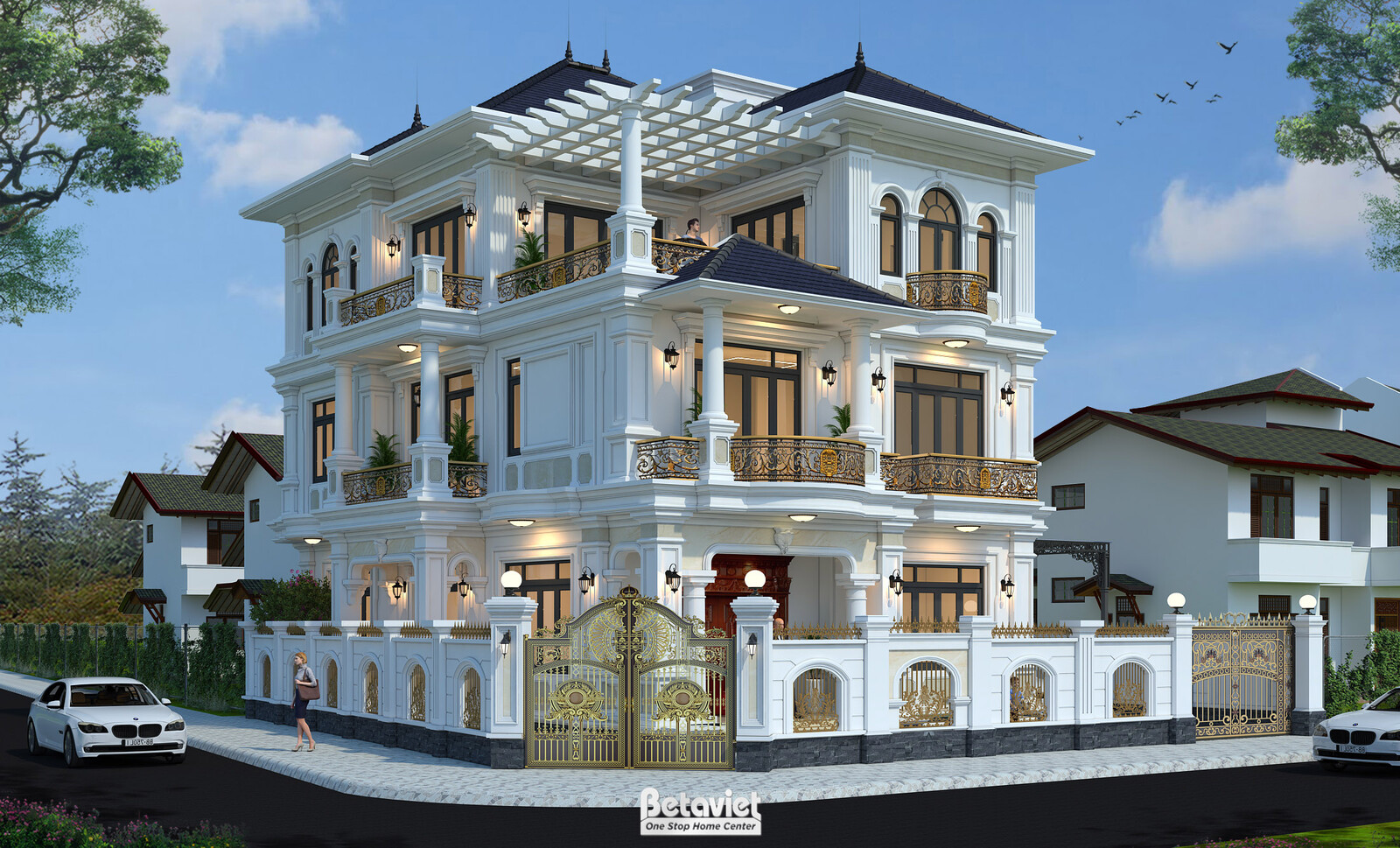 Biệt thự 3 tầng tân cổ điển KT22015 – phối cảnh mặt tiền