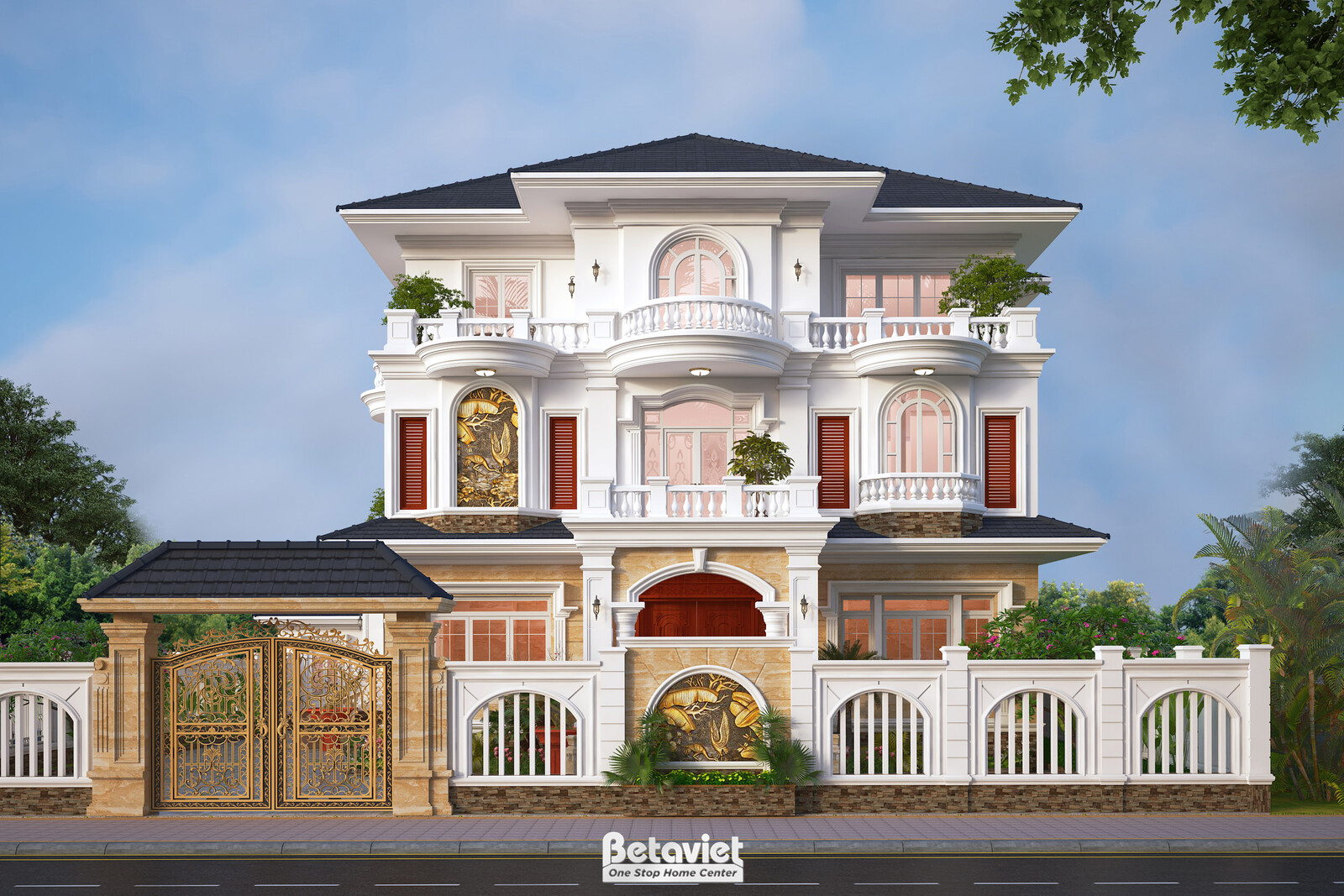 Biệt thự 3 tầng tân cổ điển KT21181 – phối cảnh mặt tiền
