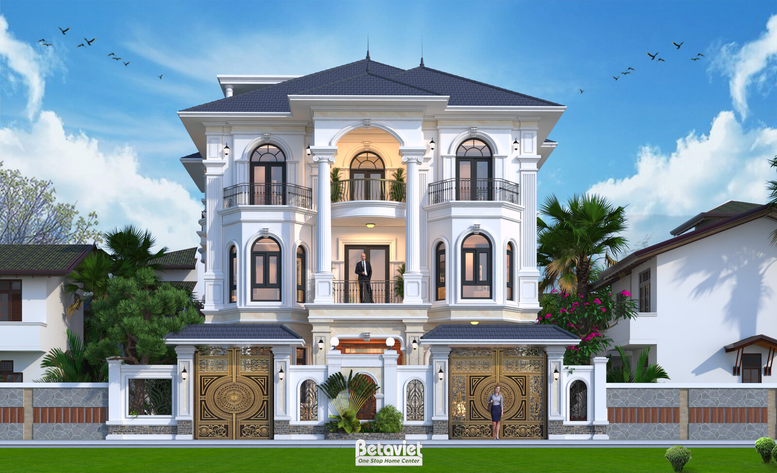 Biệt thự 3 tầng tân cổ điển KT21112 – phối cảnh mặt tiền