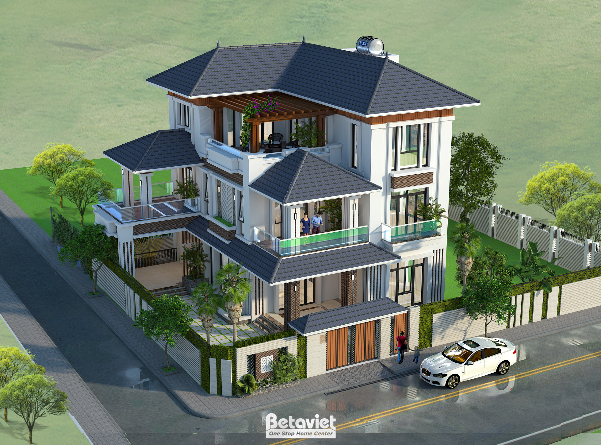Thiết kế biệt thự góc hiện đại 3 tầng 5 phòng ngủ tại Nghệ An KT17108