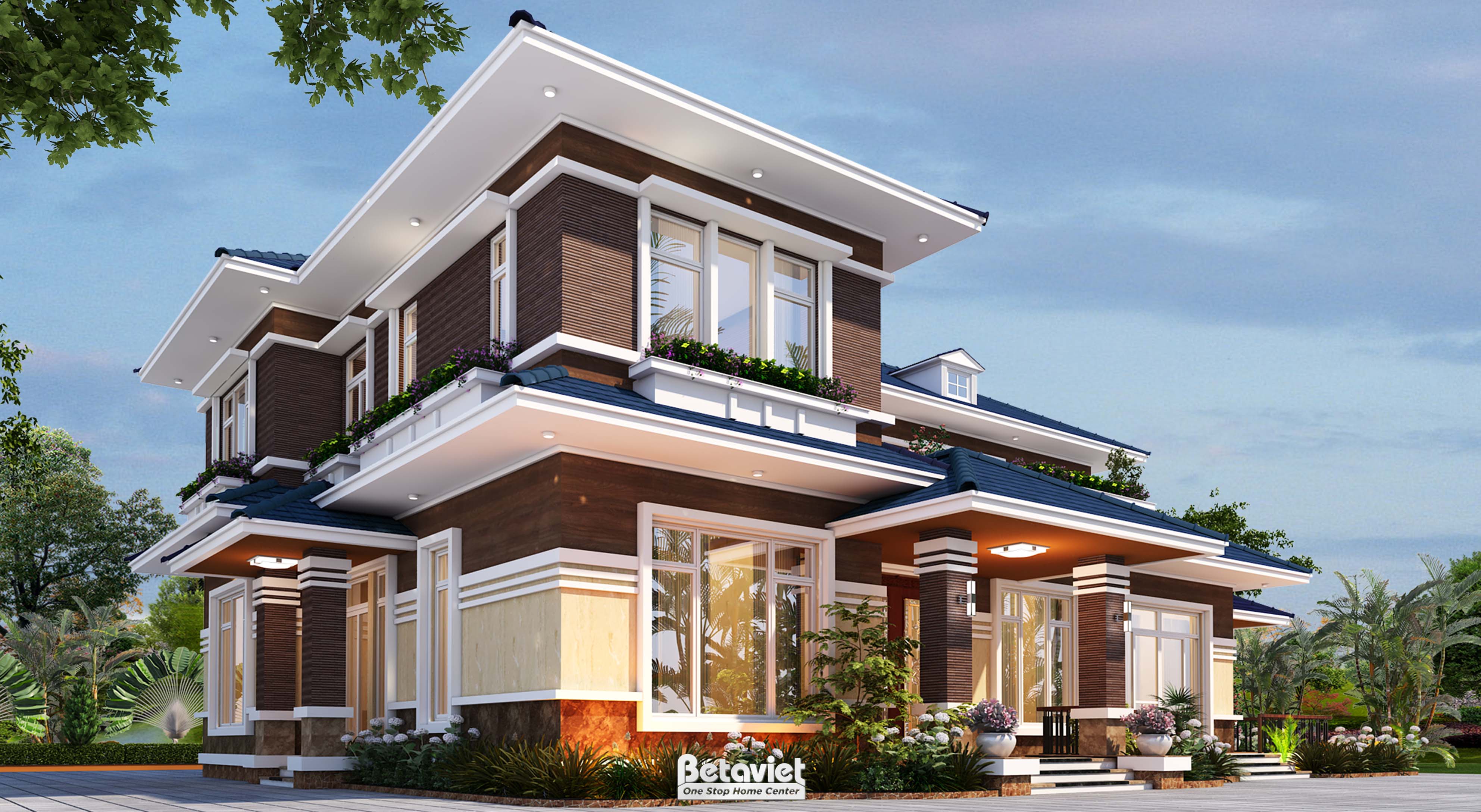 Thiết kế biệt thự kiểu Mỹ 2 tầng hiện đại 5 phòng ngủ tại KT21197