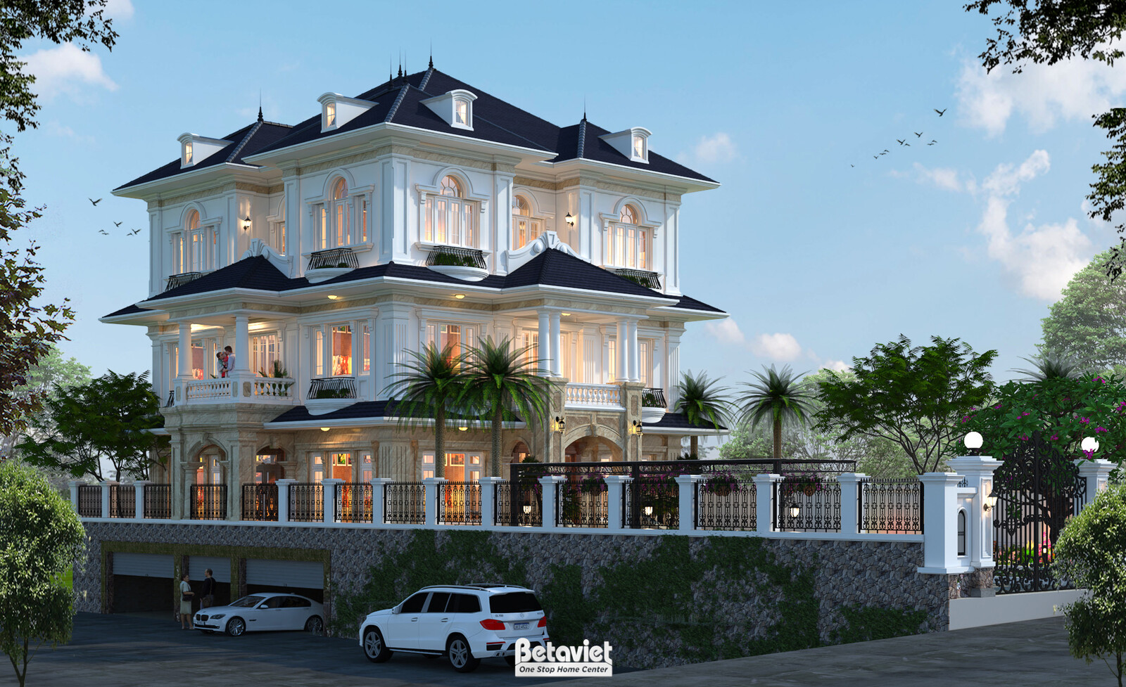 Biệt thự tân cổ điển 3 tầng nhìn từ góc chếch bên trái, phô diễn sự cân đối trong hình khối kiến trúc. Các chi tiết phào c…