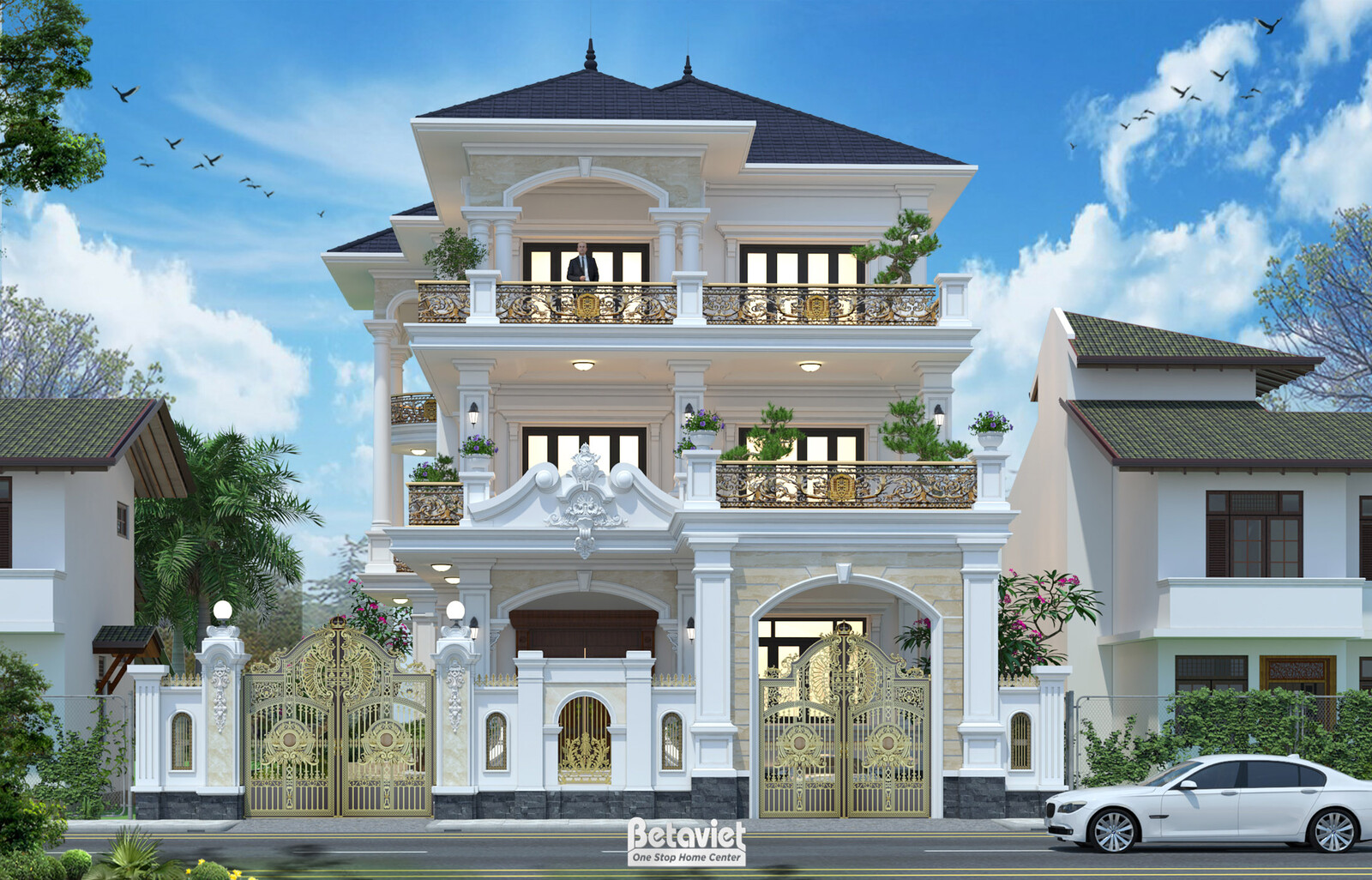 Biệt thự 3 tầng tân cổ điển KT21205 – phối cảnh mặt tiền