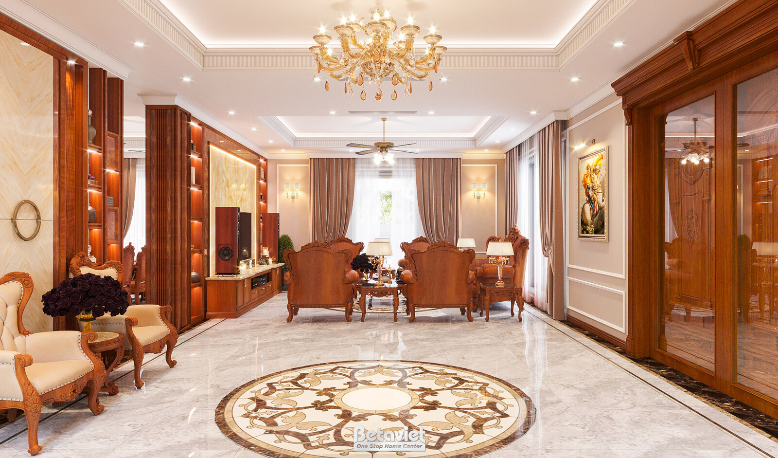 Nội thất đại sảnh biệt thự tân cổ điển KT22108 – góc nhìn tổng thể